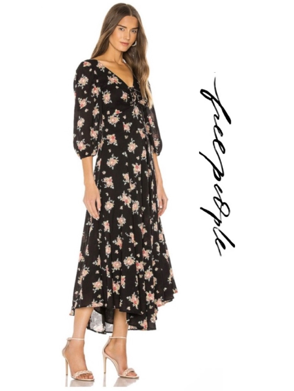 🌺🌸 Free People Sea Glass Dress Black Pink Floral (sz 6) 🌸 🌺